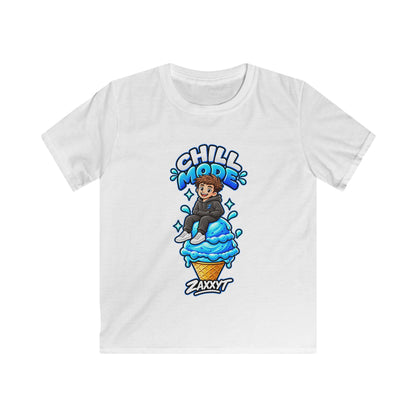 Chill Mode Zaxxyt kids T-shirt featuring a colorful cartoon ice cream character graphic.