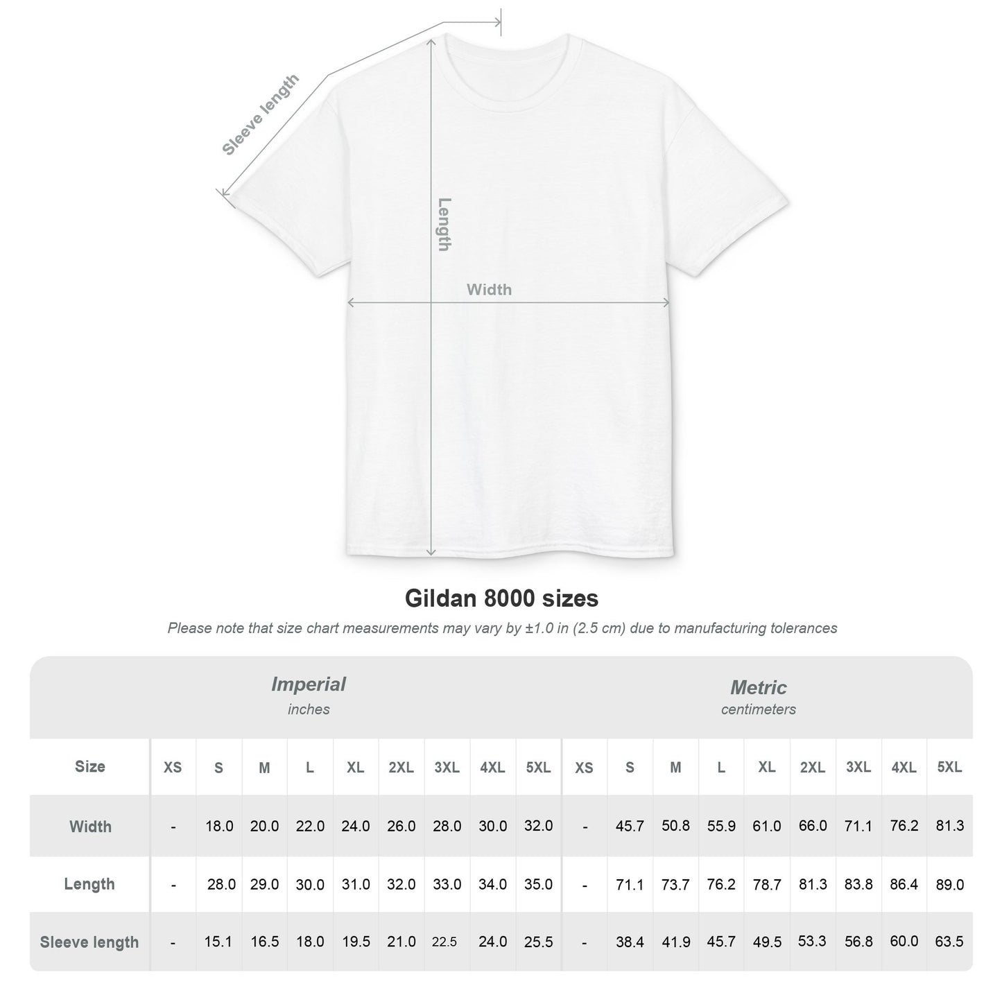 Gildan 8000 DryBlend unisex T-shirt size chart