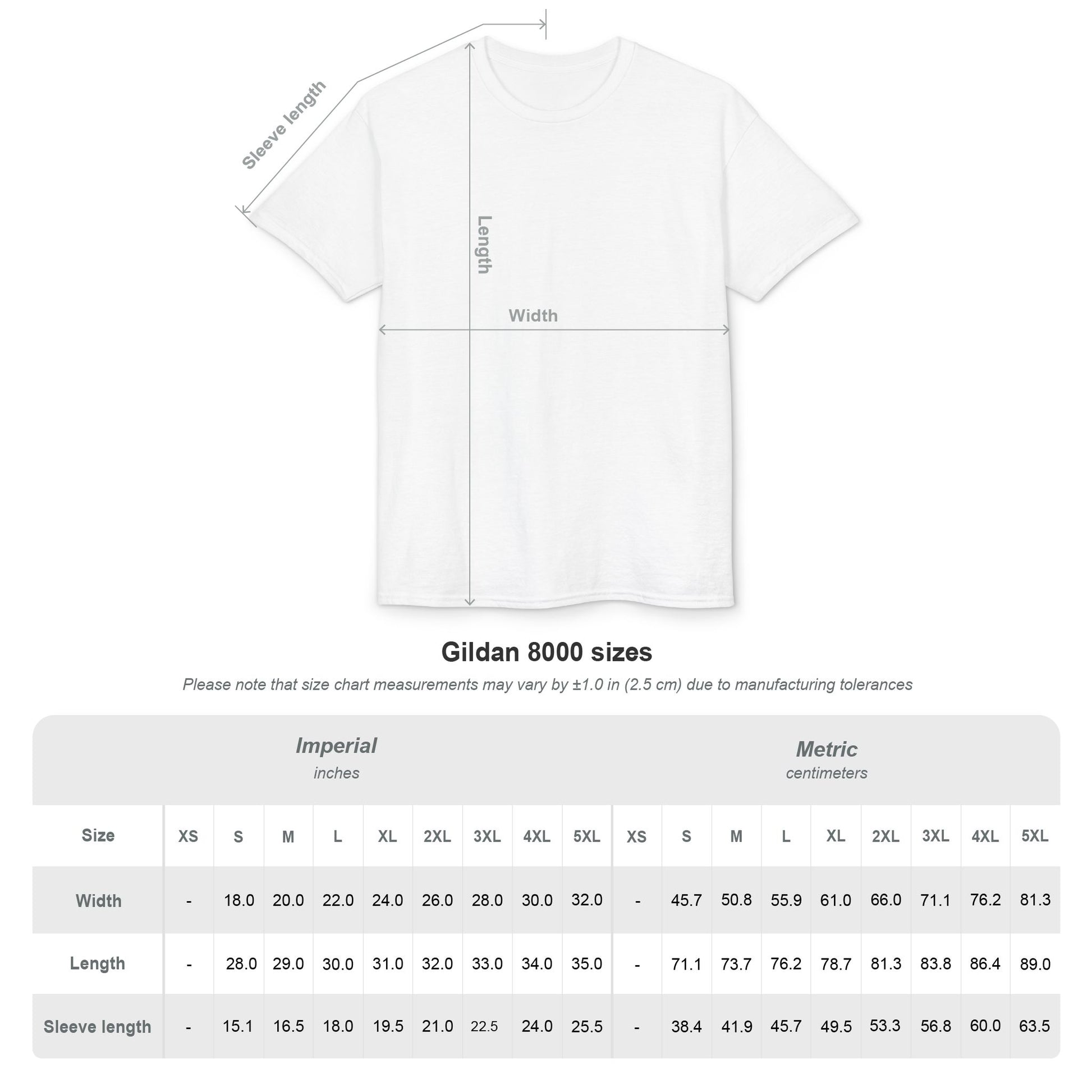 Gildan 8000 DryBlend unisex T-shirt size chart