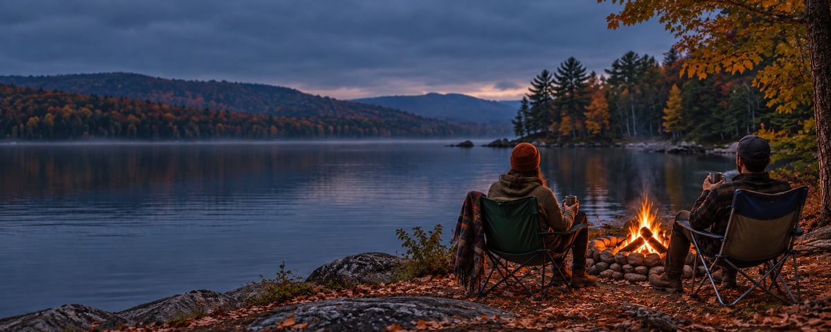 Two people sit by a campfire beside a lake on a fall evening, with autumn trees along the shore.